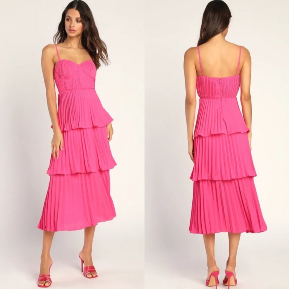 NWT Lulu’s Sz XL Midi Dress Cascading Crush Hot Pink Tiered Ruffle Bustier